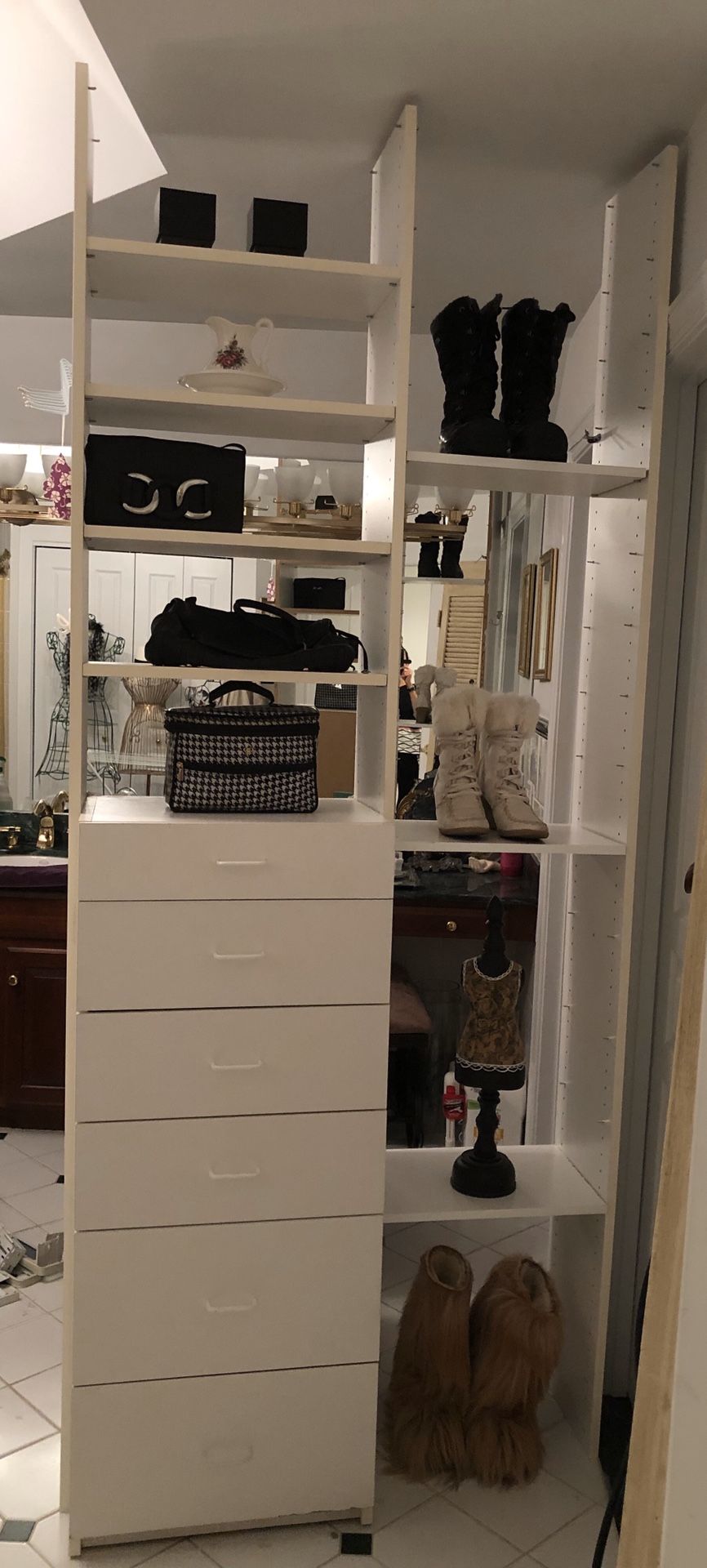 Closet system with jewelry drawers and extra adjustable shelves