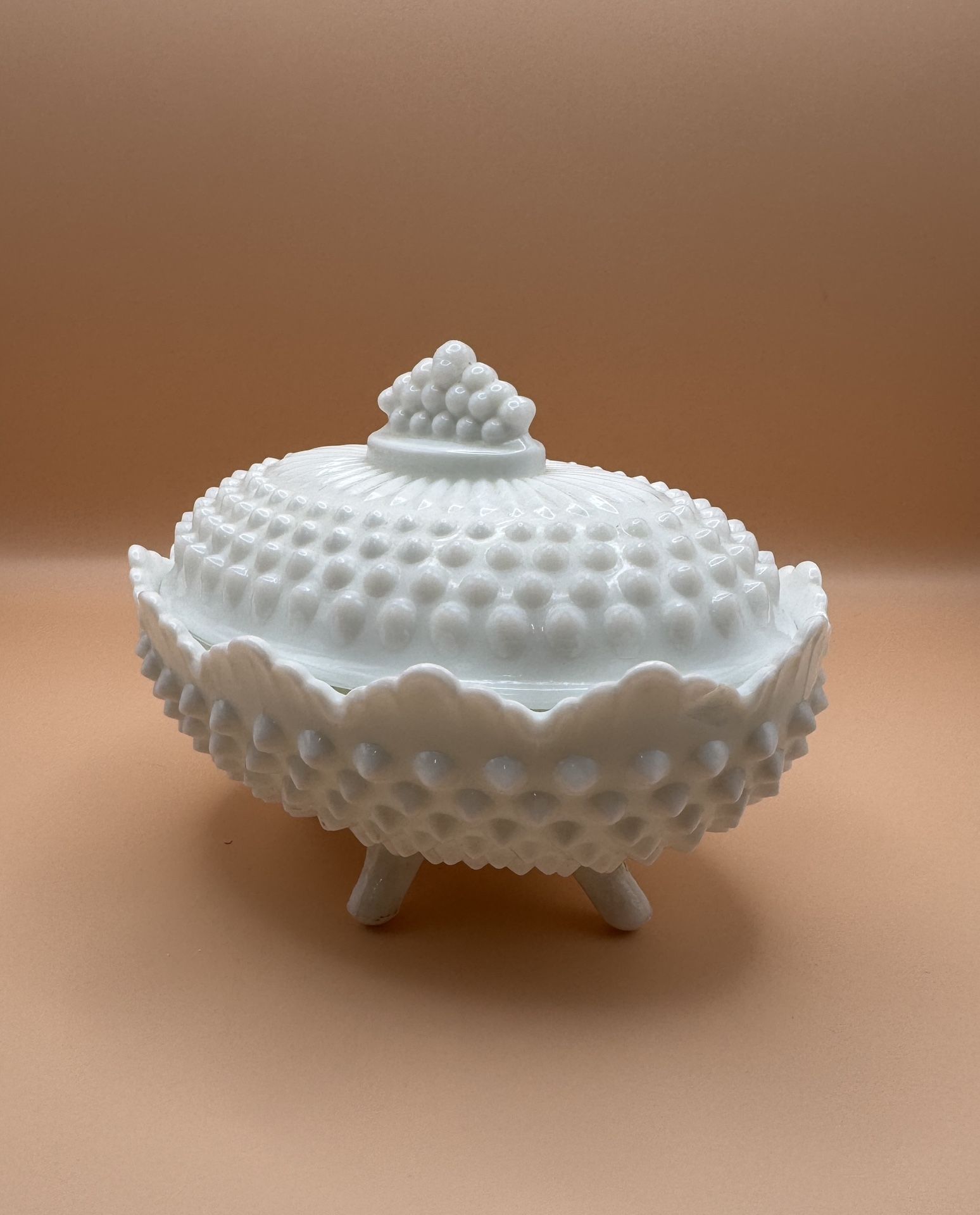 Fenton Oval White Hobnail Milk Glass Footed Covered Dish