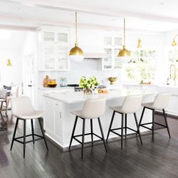 White Set of 4 Modern Bucket Barstool, 24 inch Counter Stool, Barstools with Back and Footrest, Faux Leather Bar Stools