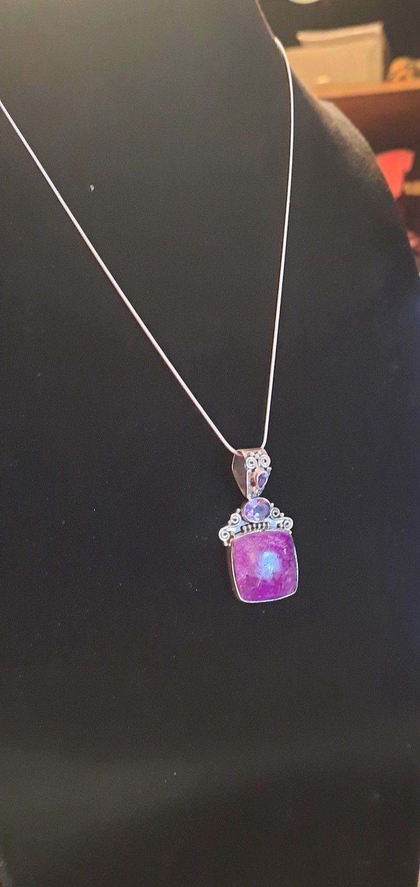 GENUINE 20" STERLING SILVER PURPLE CHAROITE & AMETHYST NECKLACE AMULET PENDANT PENDULUM