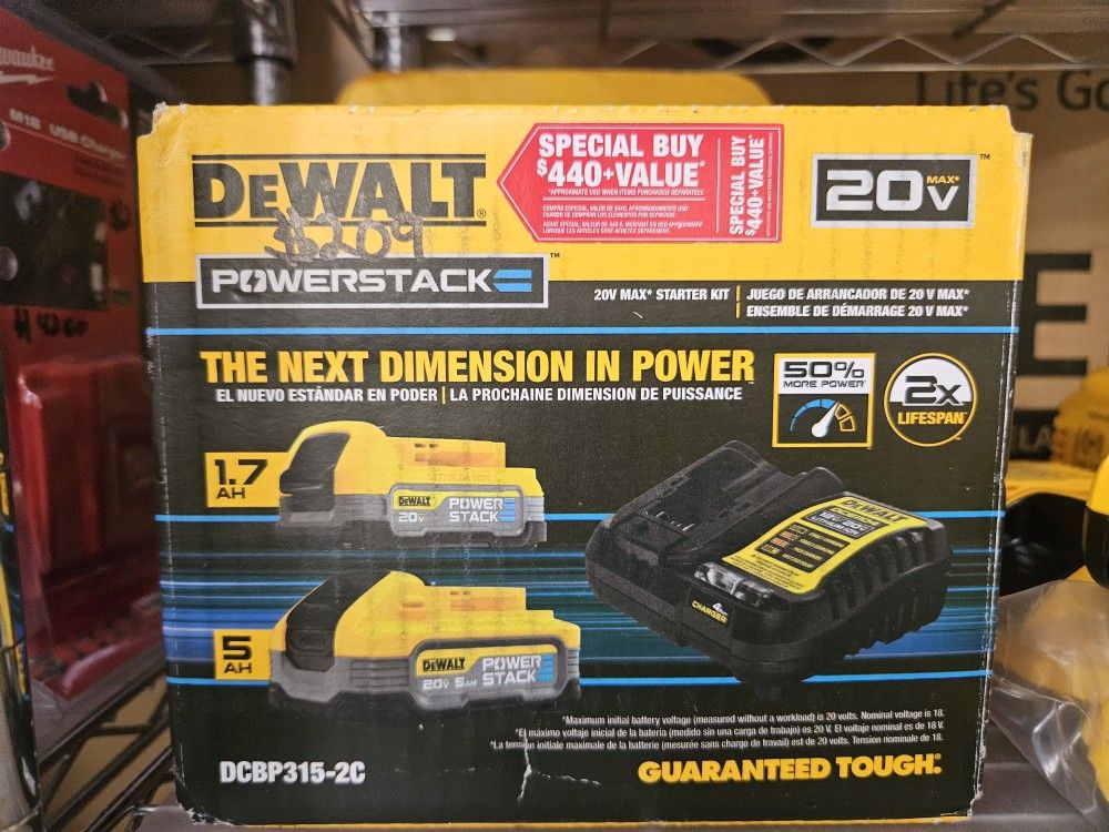 DEWALTPowerstack 20 Volt Lithium Ion 5.0 Ah and 1.7 Ah Batteries and Charger