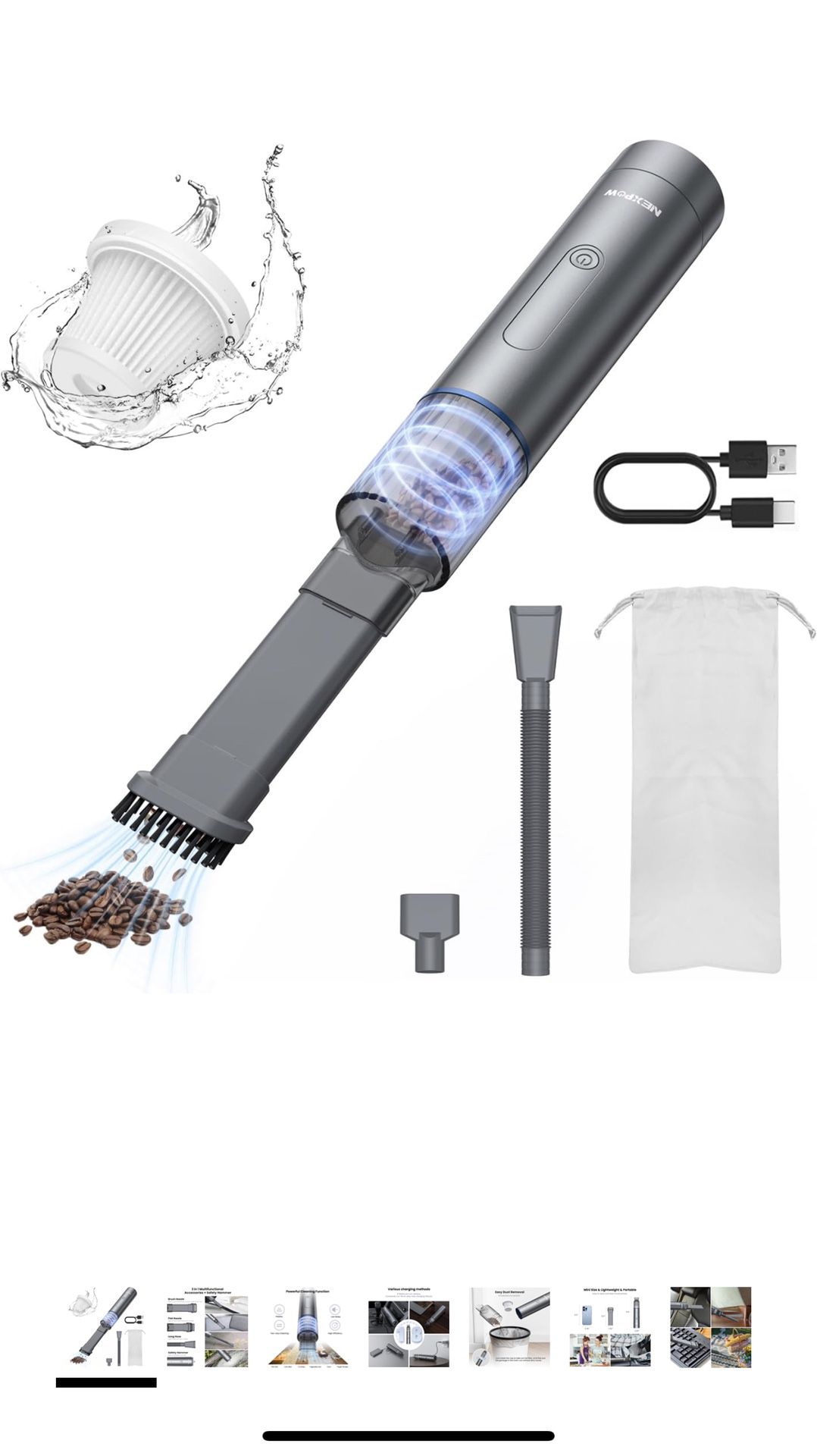 Car Vacuum, Portable 7000PA Handheld Vacuum Cleaner with High Power, Mini Hand Vacuum with 7500 mAh Battery, 1.58Lbs Compact Electric Cordless Vacuum 