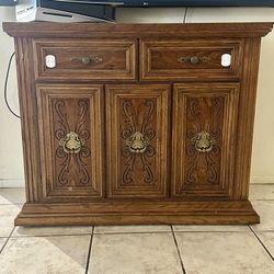 Solid Oak Media Console / Storage Cabinet | Carved Detail | Brass Hardware