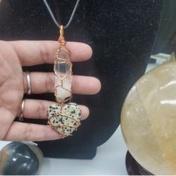 Handmade clear quarts and Dalmatian Jasper pendant Necklace