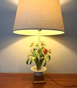 Vintage Mid Century Italian Metal Flowers Tole Table Lamp
