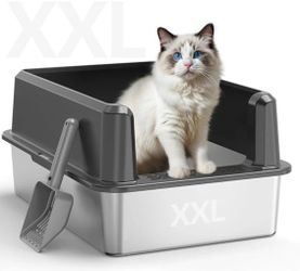 Dark Grey Stainless Steel Cat Litter Box with Scoop 24" x 16" x 12.5" New, Open Box