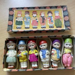 Six Vintage bisque Japanese Penny dolls with original box made in 1900