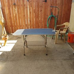 Grooming table with tie down strap and adjustable arm