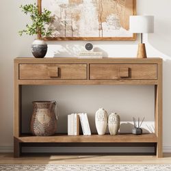 Console Table with Drawers, 55 Inch Narrow Entryway Table with Open Storage Shelves, Mid Century Modern Hallway Accent Tables Behind Couch Table for L