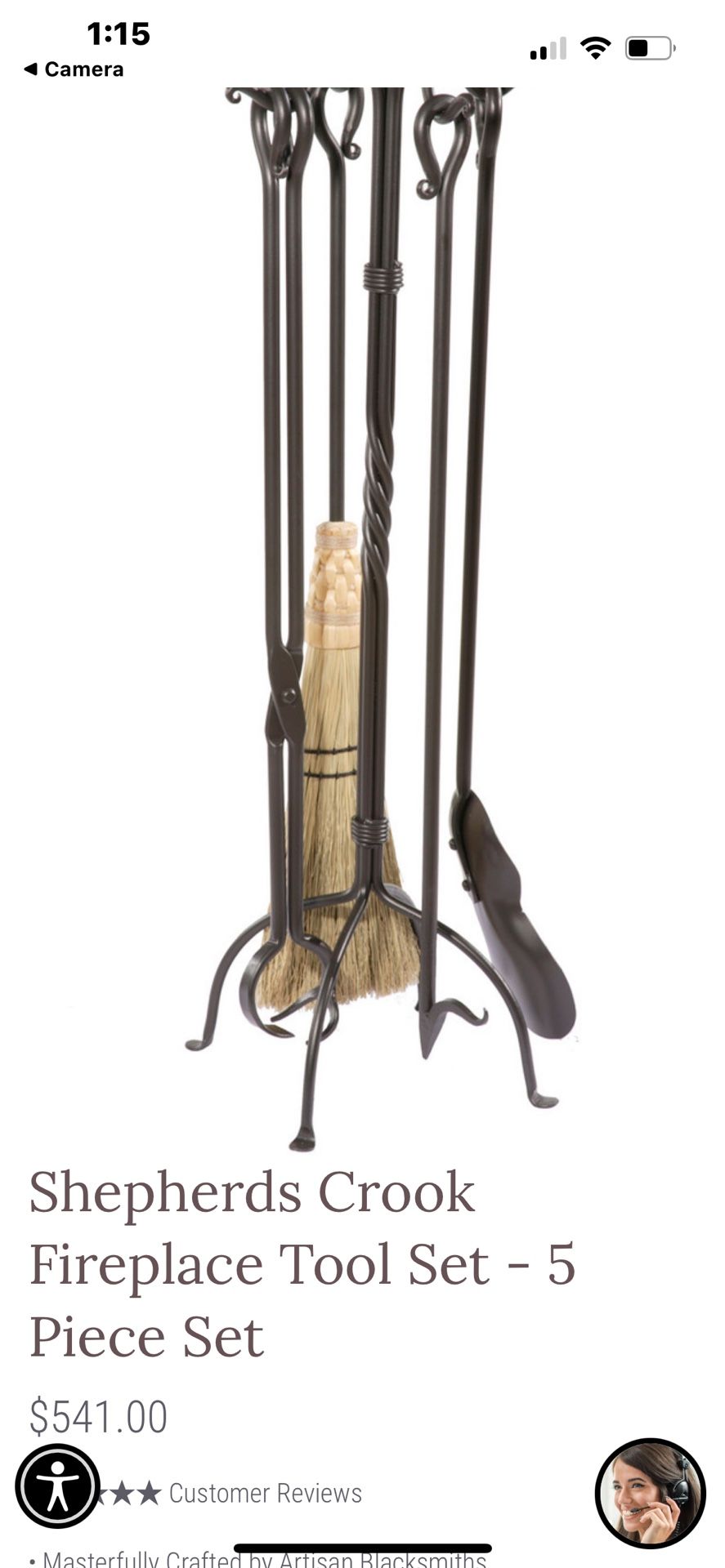 Shepherds Crook Fireplace Tool Set 5 Piece Set handles, Fire Pit Tools, Fire Tending Tools