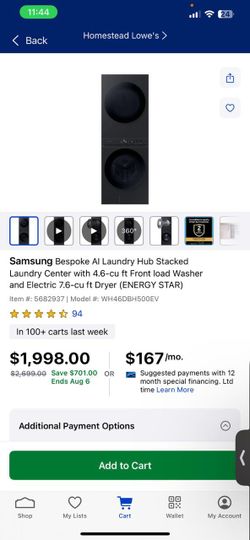 Samsung Bespoke Al Laundry Hub Stacked Laundry Center with 4.6-cu ft Front load Washer and Electric 7.6-cu ft Dryer (ENERGY STAR)