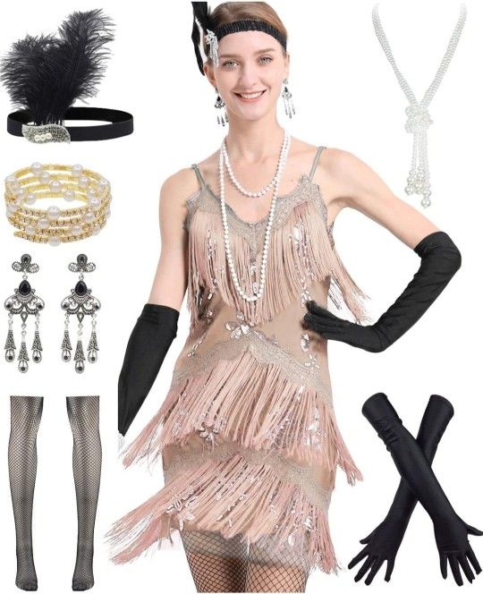Women's Flapper Dress 1920s Gatsby Tassel Sway Dance Cocktail Dress with 20s Accessories Set