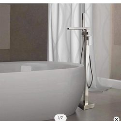 Modern Waterfall Bathroom Tub Faucet With Handheld Spray Solid Brass Brushed Nickel E2