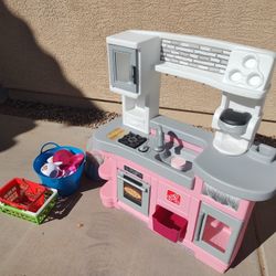 Girls Play Kitchen With Pots And Pans Dishes And A Tea Set