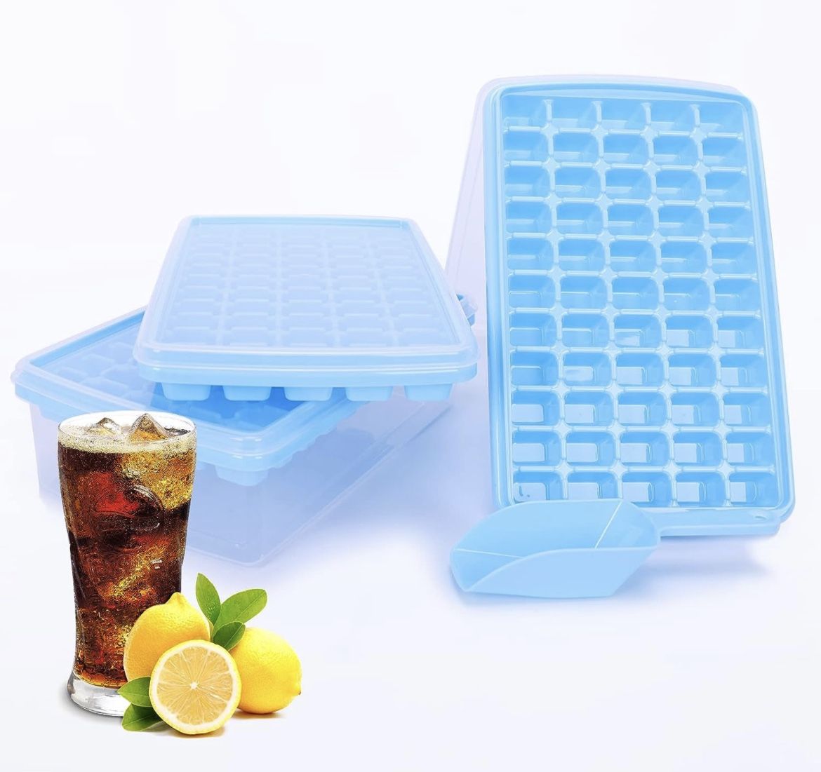 Ice Cube Tray Lid And Bin, 55x3 Piece Silicone Ice Cube Molds Ice Trays Freezer, Easy Release Space Saver 3 Pack Blue Ice Trays Gift Kitchen