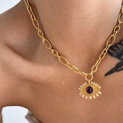 18 k gold plated stainless steel boho necklace over sized eye 