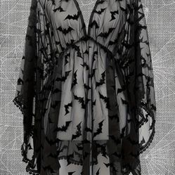 Brand New Womens Juniors JRS Black Sheer Bat Print Flare Sleeve Swimsuit Dress Cover Up XL 12 XLarge