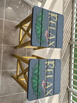 Painted Wooden Stools with Tropical Design – Set of 2