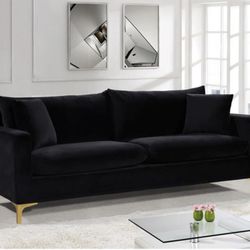 Brand New Black Velvet Sofa w/ Gold Legs – Modern / Luxe Style