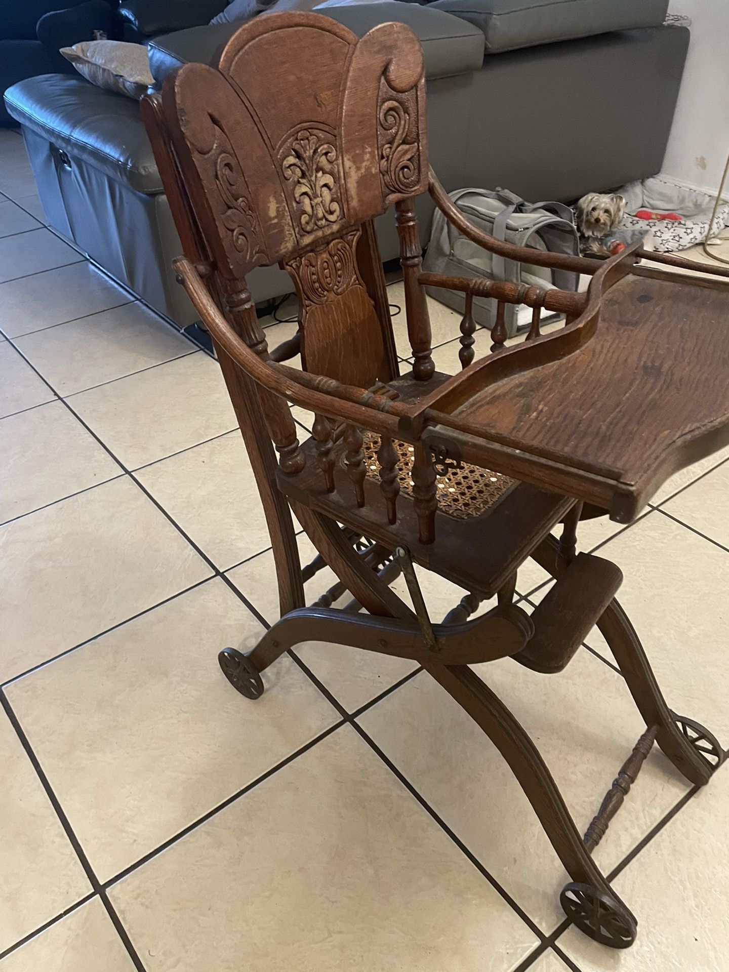 Antique Oak Convertible Pressed Back Victorian High Chair to Stroller 1890s Era 
