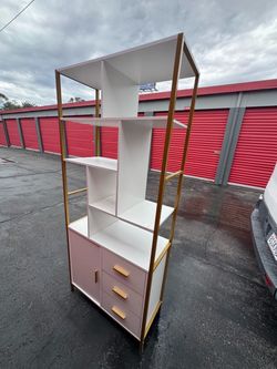 Pink and Gold Etagere Bookshelf with Drawers