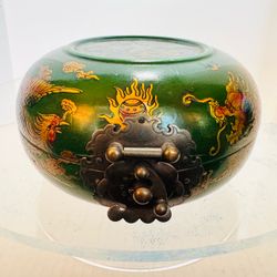 Wooden Crafted Green Glazed Round Jewelry Box Dragon Phoenix Blessing