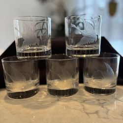 (5) CRYSTAL WHISKEY / WATER GLASSES WITH ETCHED GEESE. 