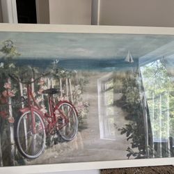 Vintage Bicycle by the Beach – Framed Wall Art, Coastal Style35x26