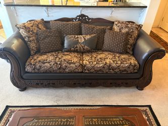 Traditional Carved Wood Trim Sofas with Paisley Fabric