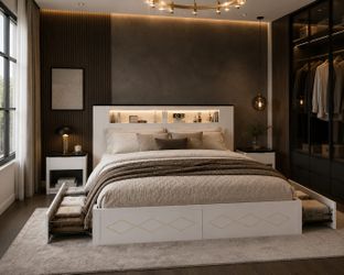 King bed with 4 Storage Wood Bed Frame with Charging Station and LED Lights