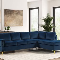 NEW NAVY BLUE VELVET SECTIONAL SOFA AND FREE DELIVERY 