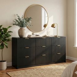 Modern Black Dresser with 9 Drawers