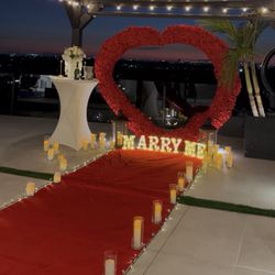 Proposal for SALE-flower heart, marry me sign, 20 ft. red carpet, rose petals,🍾 glass, candles