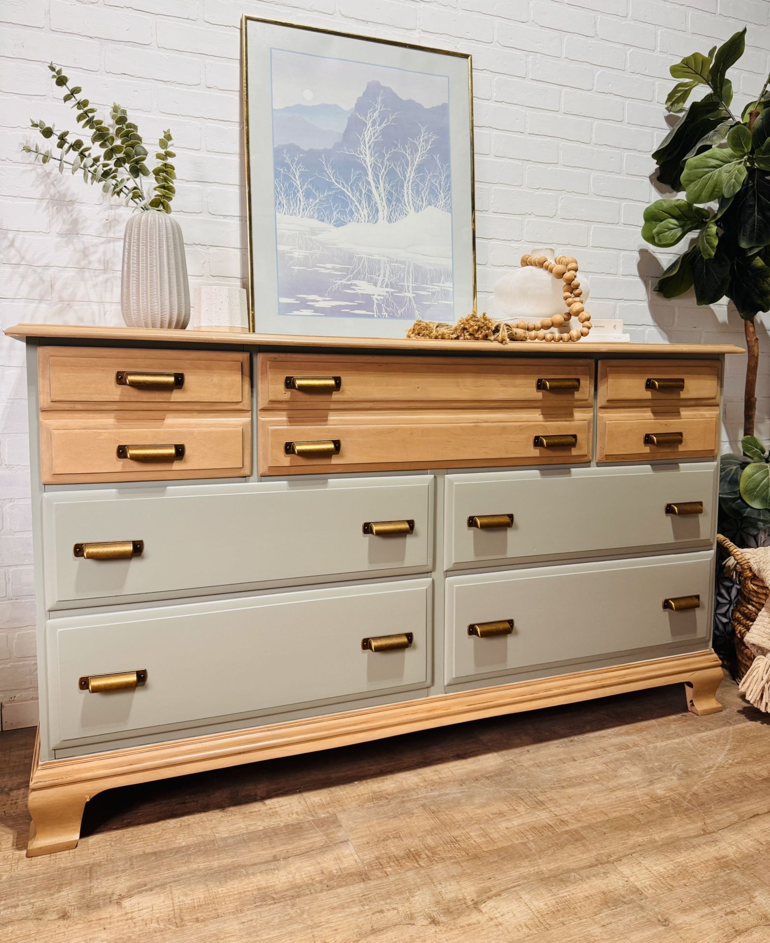 Vintage Solid Maple Wood Dresser 7 Drawer Sage Green
