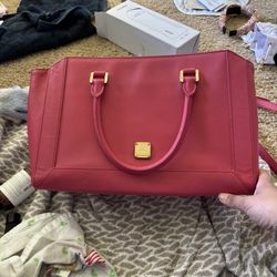 MCM Red Satchel Bag with Gold Hardware