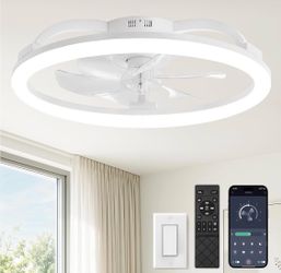 23" Ceiling Fans with Lights and Remote for Bedroom, White Low Profile Fan Light, 3000K-6000K Stepless Dimmable Fandelier, 6 Speed, Reversible DC Moto