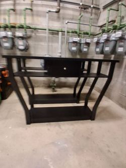 Black Wood TV Stand with Shelves and Drawer