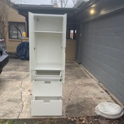 Tall White Storage Cabinet - Double Doors, Pull-Out Wire Baskets, Shelves - Great Condition!