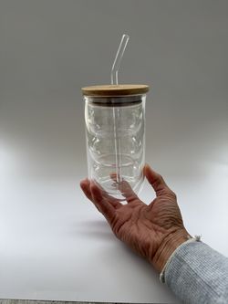 Double Wall Glass Cups Set – With Lids & Straws – New – $15