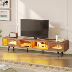 Bestier 70" LED TV Stand for TVs up to 75" TV, Mid-Century Modern Entertainment Center with Sliding Glass Door, Media TV Console Table, Ancona Walnut
