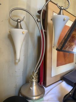 Modern Brushed Nickel Double Table Lamp with Frosted Glass Shades