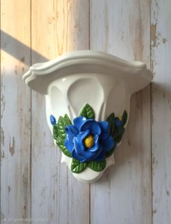 Mid 20th Century America Art Pottery Ceramic Wall Shelf Signed JLW 3DBlue Flower