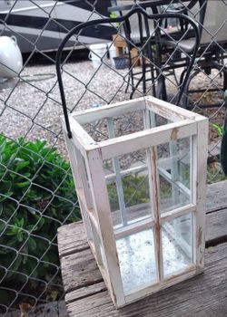 Rustic White Wooden Lantern with Glass Panes | Distressed Farmhouse Decor | 11"