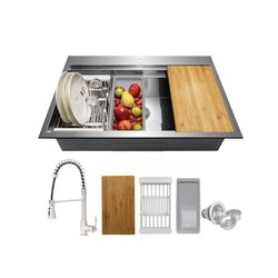 All-in-One Topmount Stainless Steel 33 in. x 22 in. Single Bowl Kitchen Sink w/ Spring Neck Faucet, Accessory