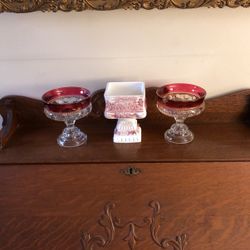 Vintage Red/Clear & Red/White Pedestal Bowls