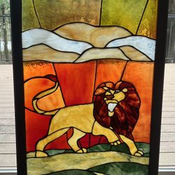 Vintage Stained Glass Lion Window 