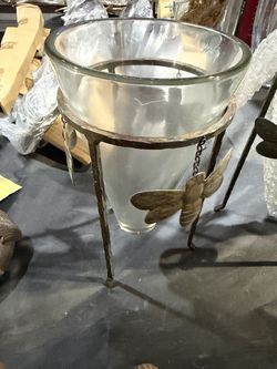 Dragonflies Footed Candle Holder Vase Glass With Metal Stand