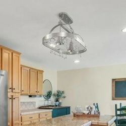 2-Light Stainless Metal Kitchen Pot Rack Light with Hooks
