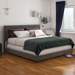 Novogratz  Taylor Upholstered Bed with Storage Drawers, Light Gray Velvet, King Size Frame