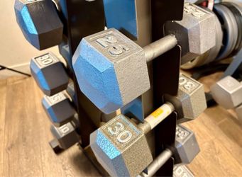 Hex Cast Iron Dumbbells in NEW Condition pairs from 10s to 40s. Total: 350 lbs [NO RACK INCLUDED]